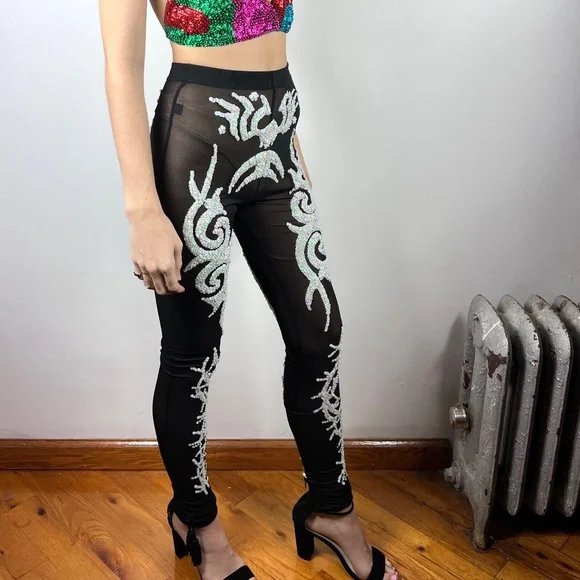Discount Universe Tribal Skeleton Sequin Pants Sheer NWOT - Picture 3 of 9
